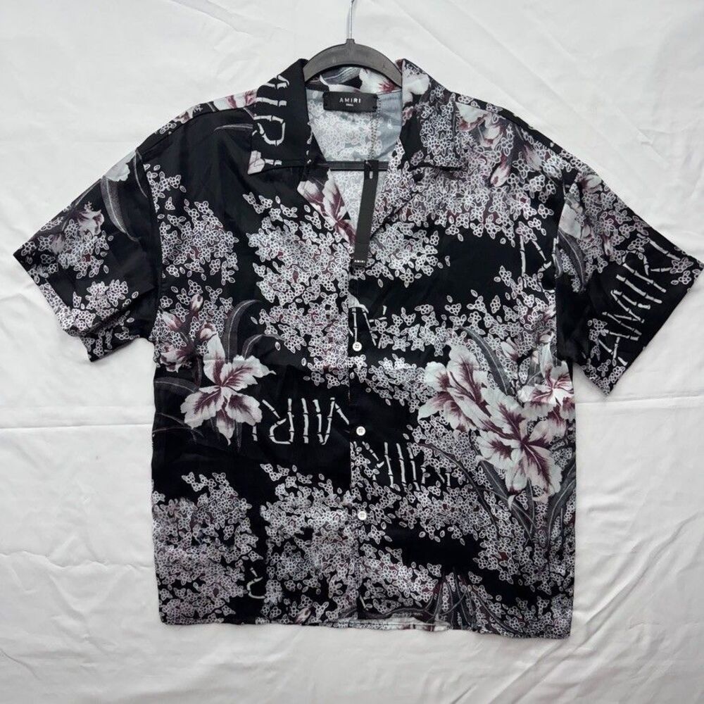 Amiri Camp Collar Shirt Men S Black Floral Lily Logo Bamboo Print Silk Twill NWT